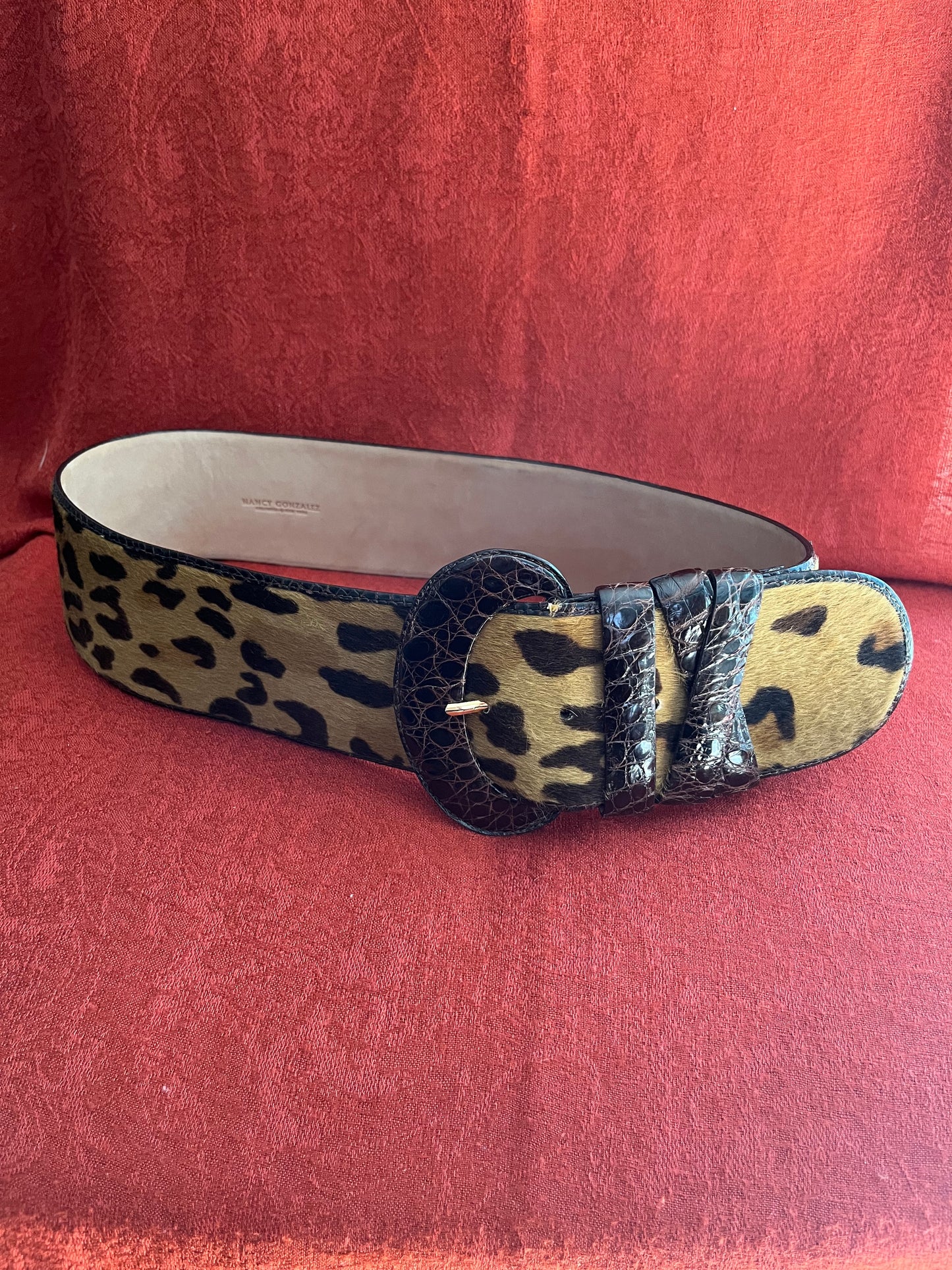 Nancy Gonzalez Calf Hair Belt with Crocodile Trim and Buckle