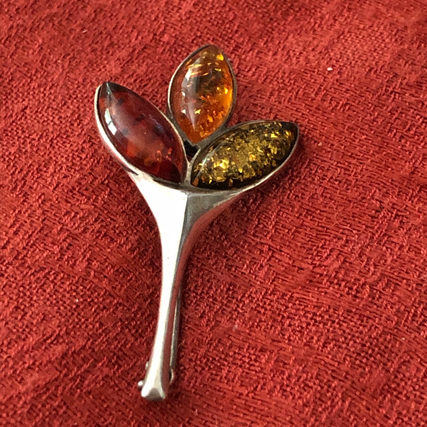 Vintage Three Leaf Baltic Amber and Sterling Stem Brooch