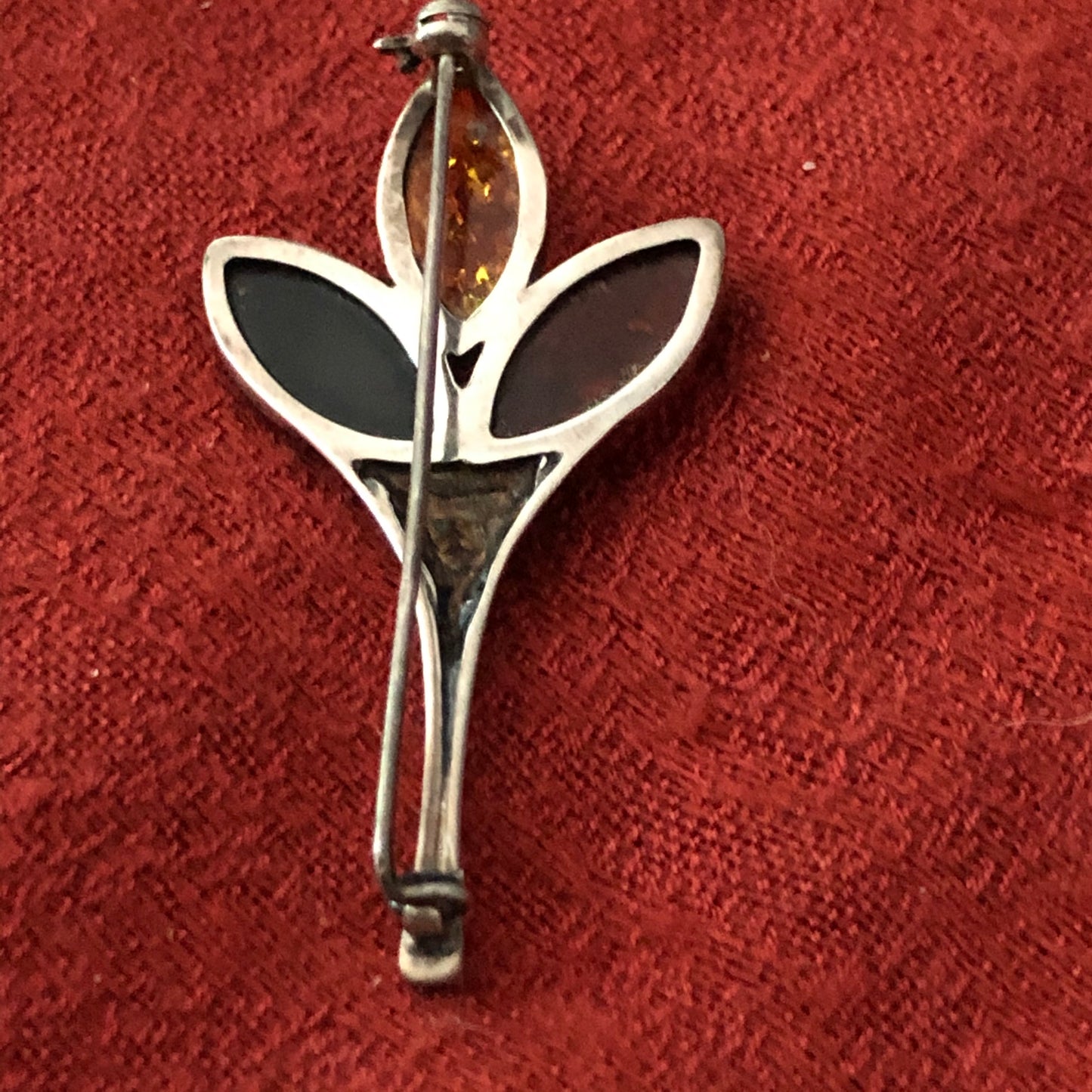 Vintage Three Leaf Baltic Amber and Sterling Stem Brooch