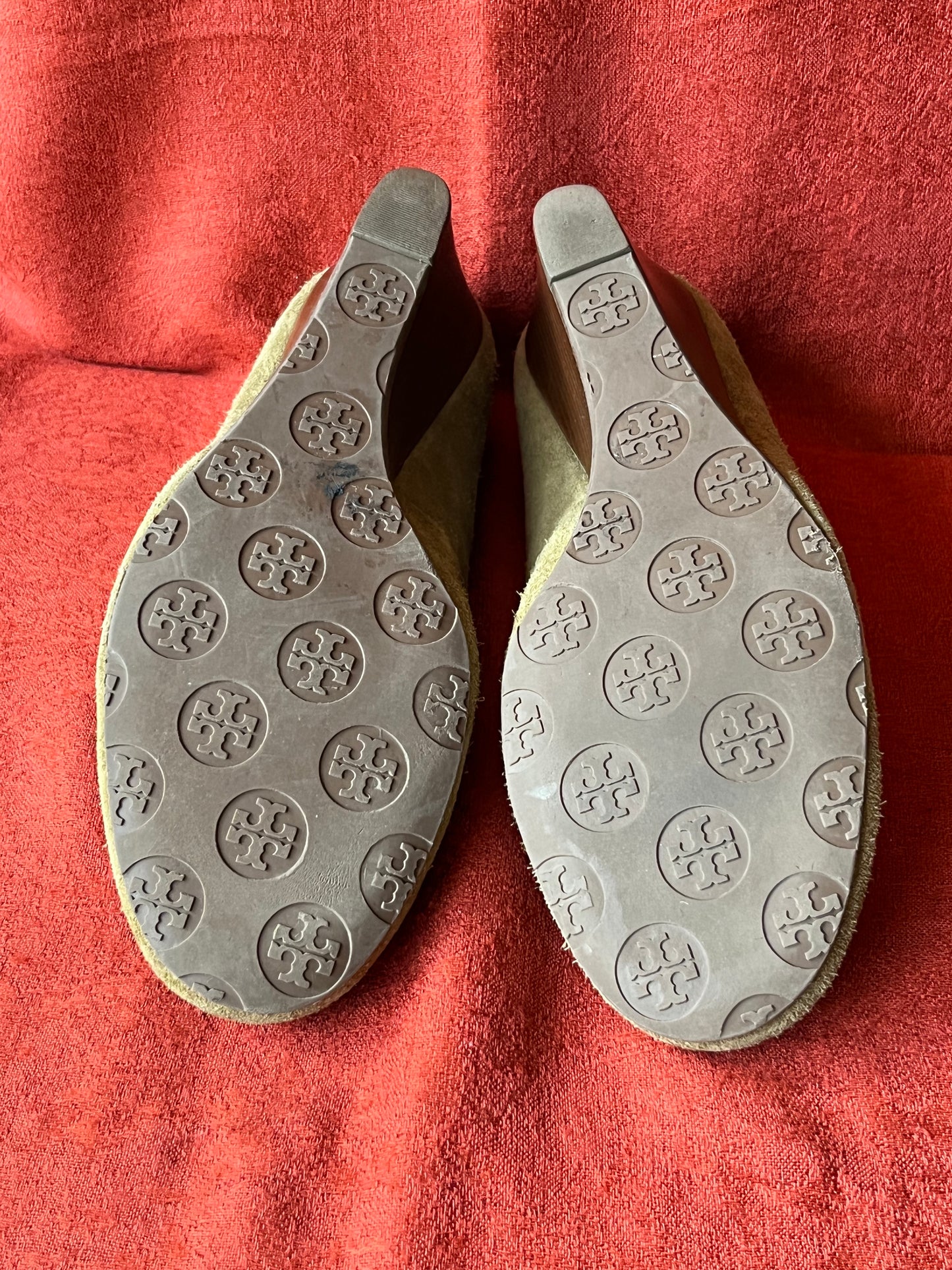 Tory Burch Suede Wedge Heel with Wooden Logo-Size 8M