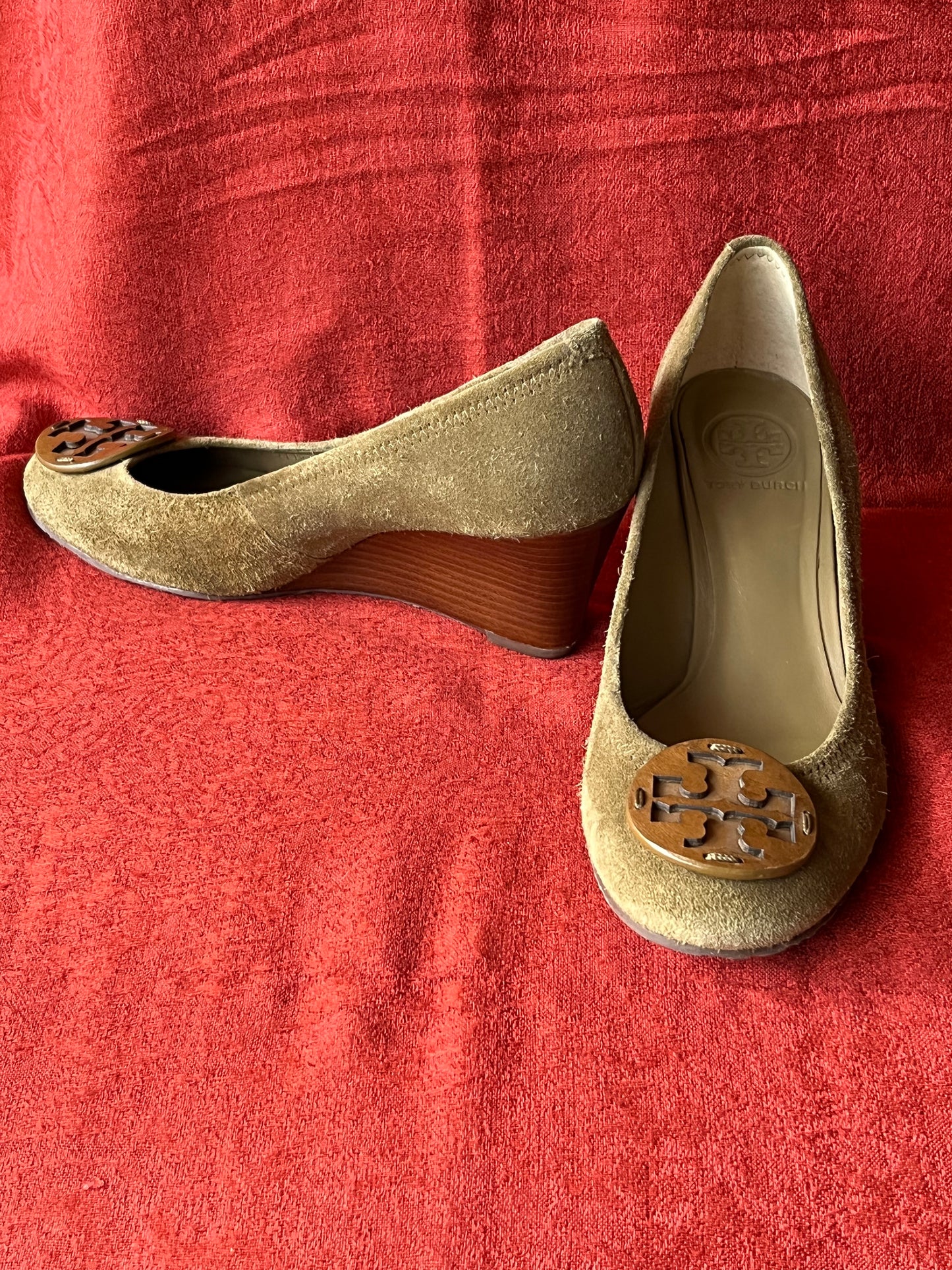 Tory Burch Suede Wedge Heel with Wooden Logo-Size 8M