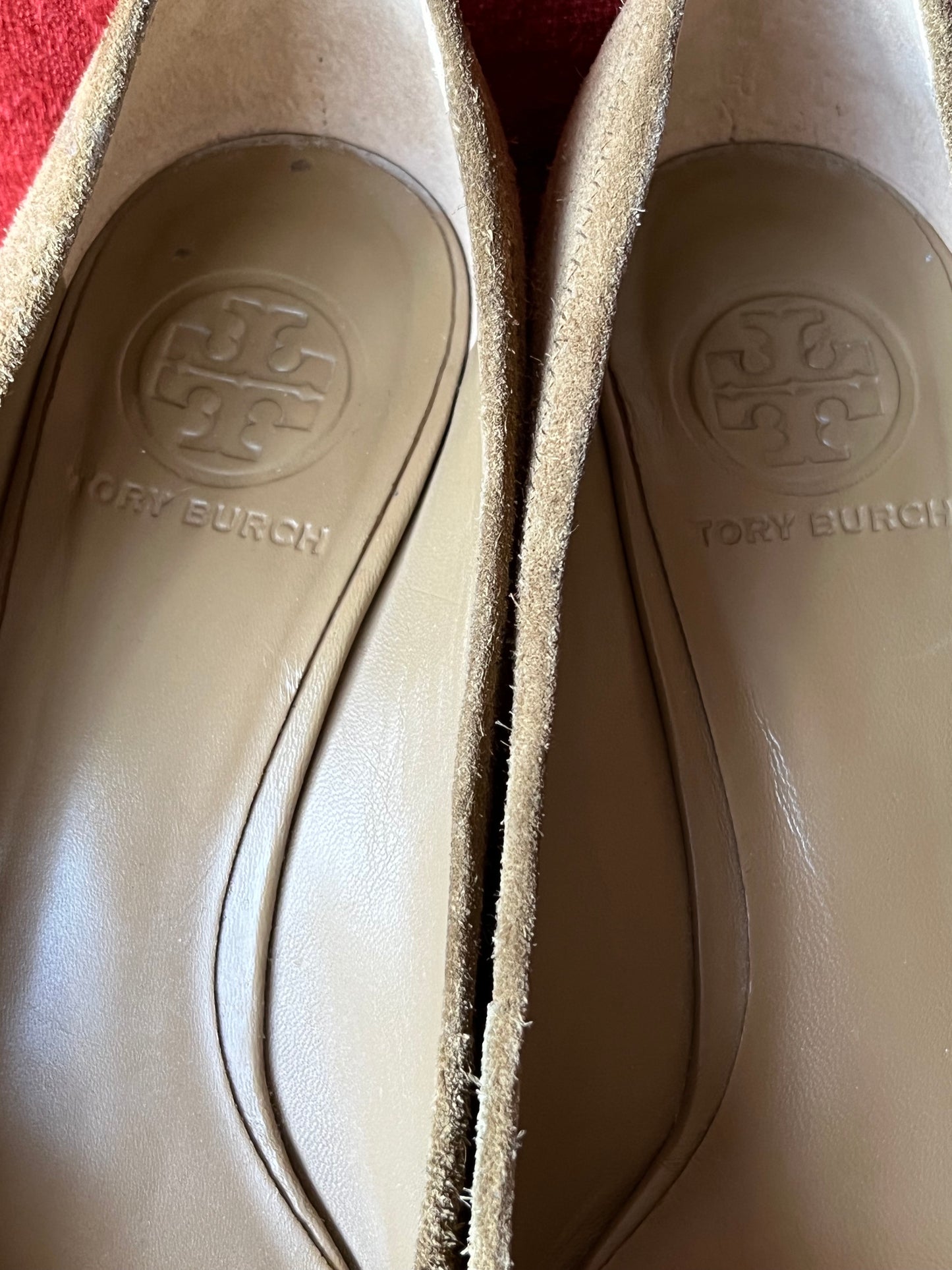 Tory Burch Suede Wedge Heel with Wooden Logo-Size 8M