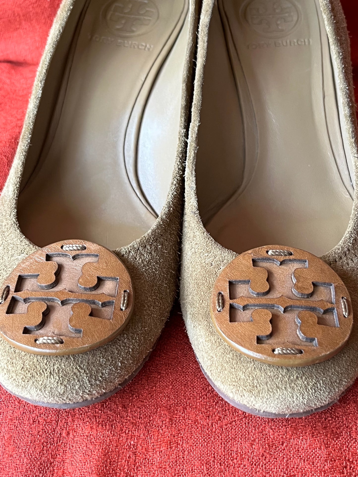 Tory Burch Suede Wedge Heel with Wooden Logo-Size 8M