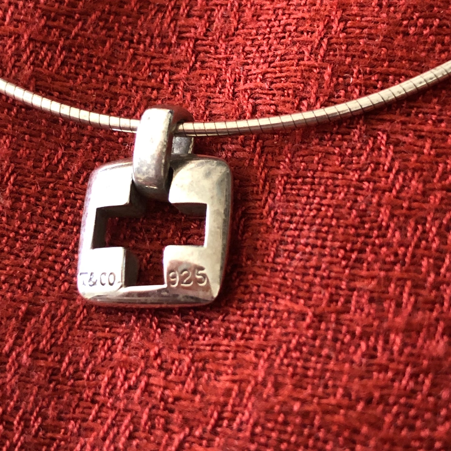 Tiffany & Co. Sterling Silver Stencil Square Cross Pendant Omega Wire Chain Necklace "