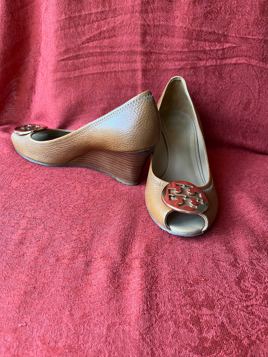 Tory Burch Brown Leather Julianne Peep Toe Wedge Heels-Size 8M