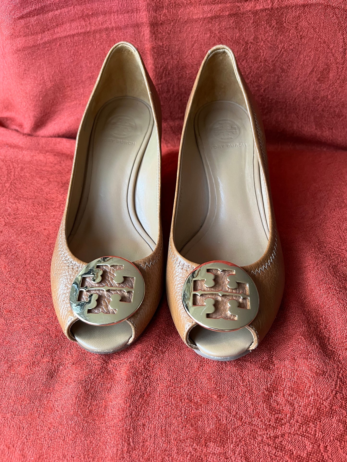 Tory Burch Brown Leather Julianne Peep Toe Wedge Heels-Size 8M