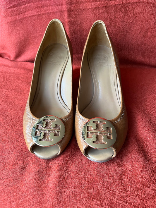 Tory Burch Brown Leather Julianne Peep Toe Wedge Heels-Size 8M