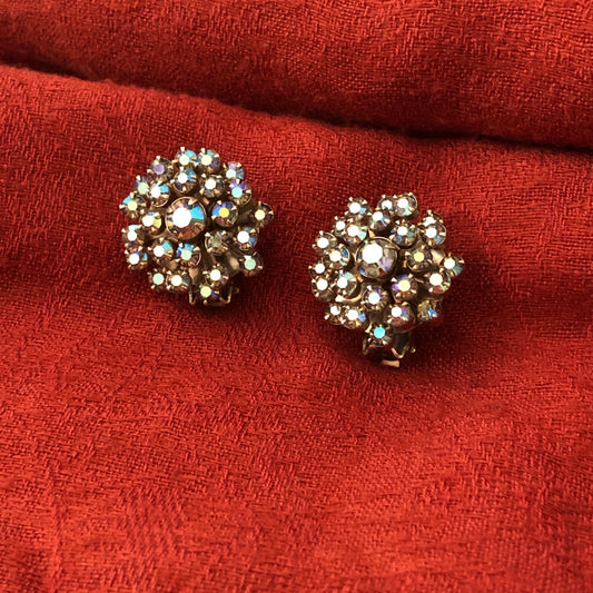 Vintage Rainbow Colored AB Aurora Borealis Rhinestone Clip Earrings