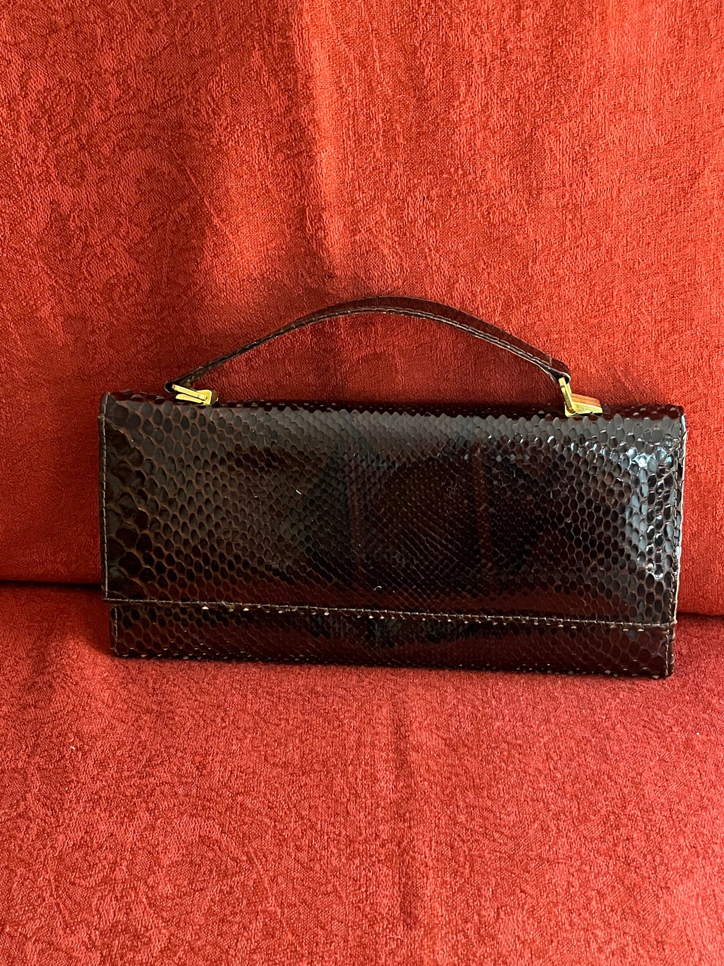 Vintage Brown Snakeskin Clutch with Handle