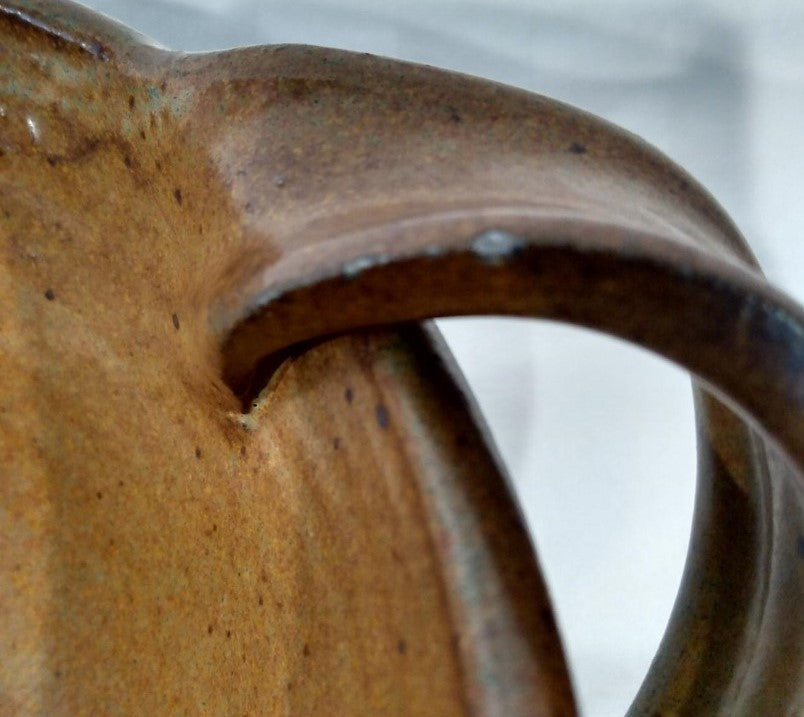 Signed Handmade Brown Ceramic Bowl With Handle- Artist Unknown