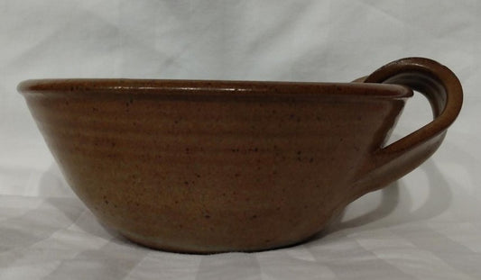 Signed Handmade Brown Ceramic Bowl With Handle- Artist Unknown