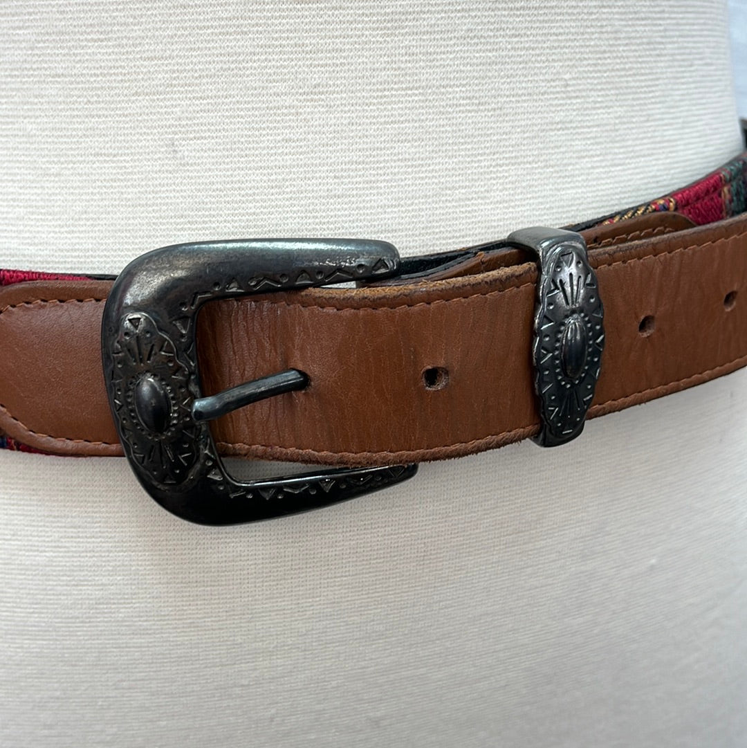 VTG -- Ginne Johanson Women's Leather Belt with Fabric Band Front, Mismatched Metal Studs and Engraved Buckle -- Size L