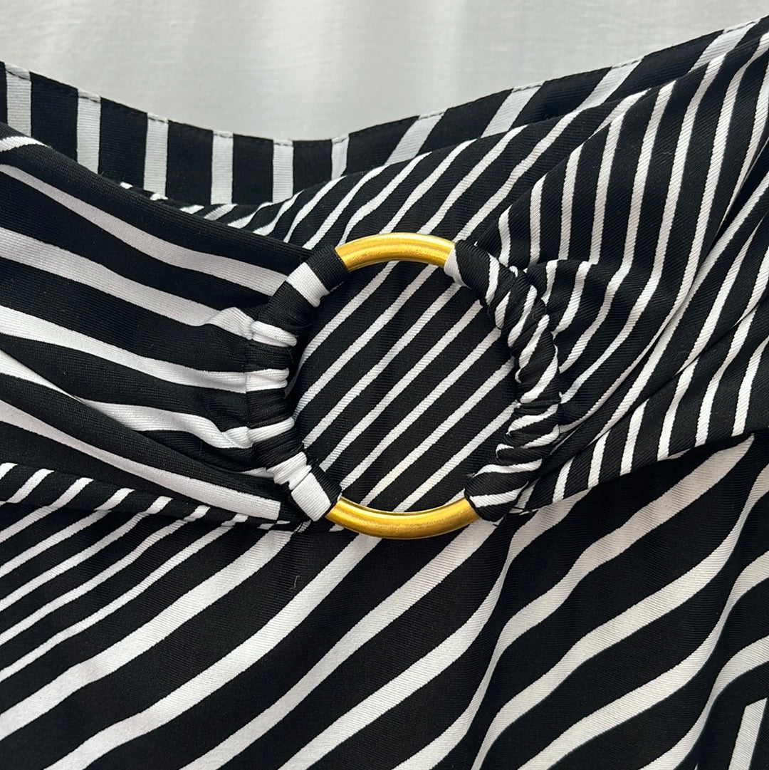 Robert Louis Black White Stripe A-line Midi Skirt -- M