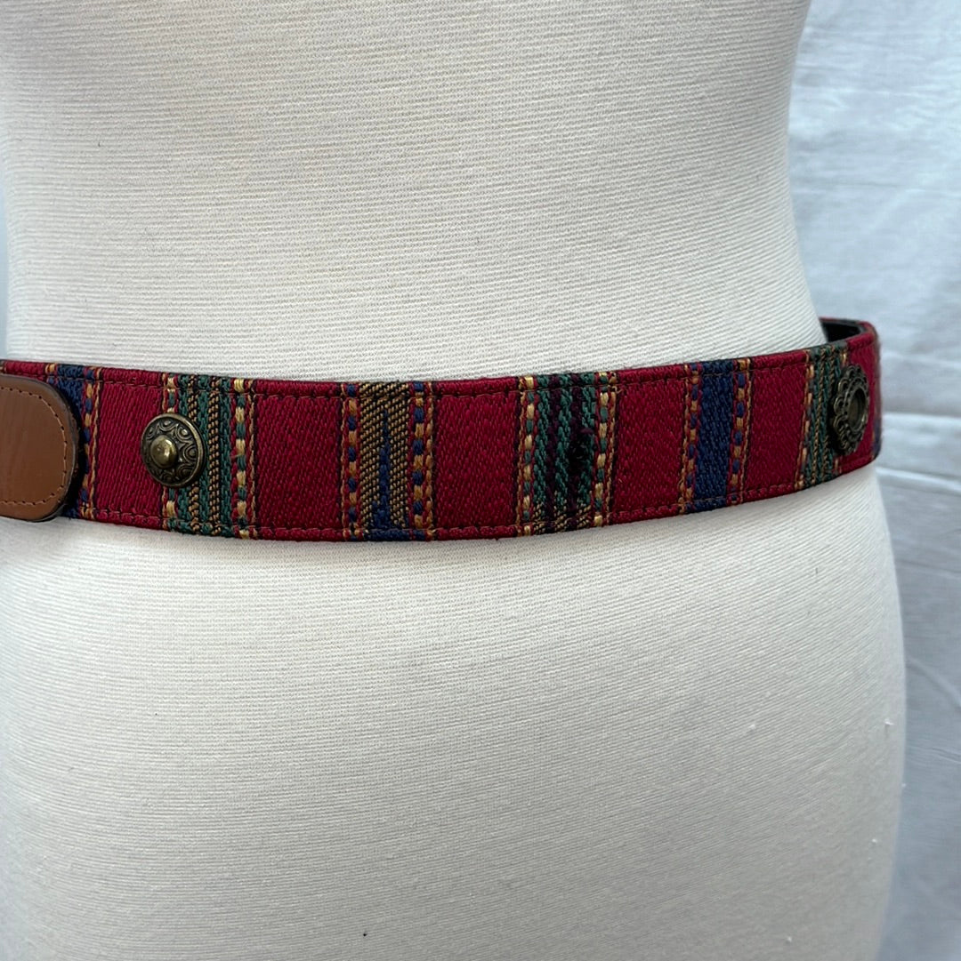 VTG -- Ginne Johanson Women's Leather Belt with Fabric Band Front, Mismatched Metal Studs and Engraved Buckle -- Size L