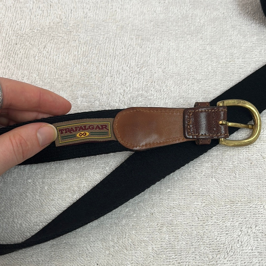 VTG -- Trafalgar Knotted Black Canvas Belt with Leather Ends and Brass Buckle -- Size 38