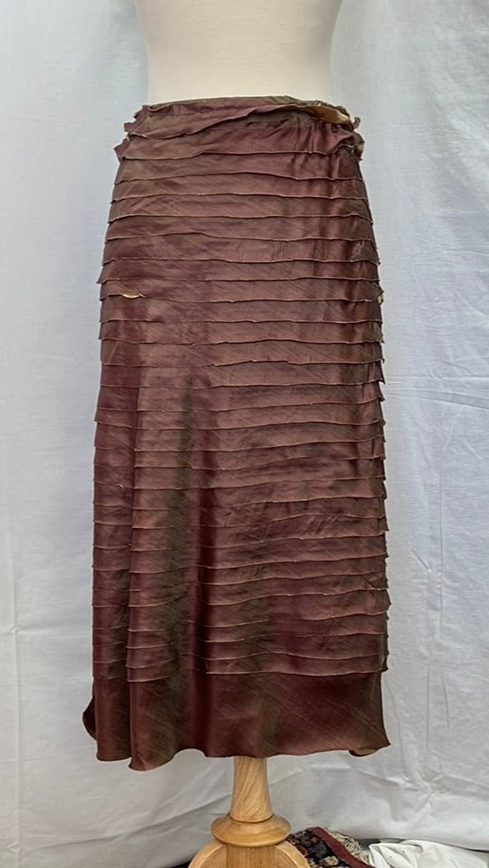 CHAN LUU brown pink gold Silk Ruffle Midi Skirt -- S
