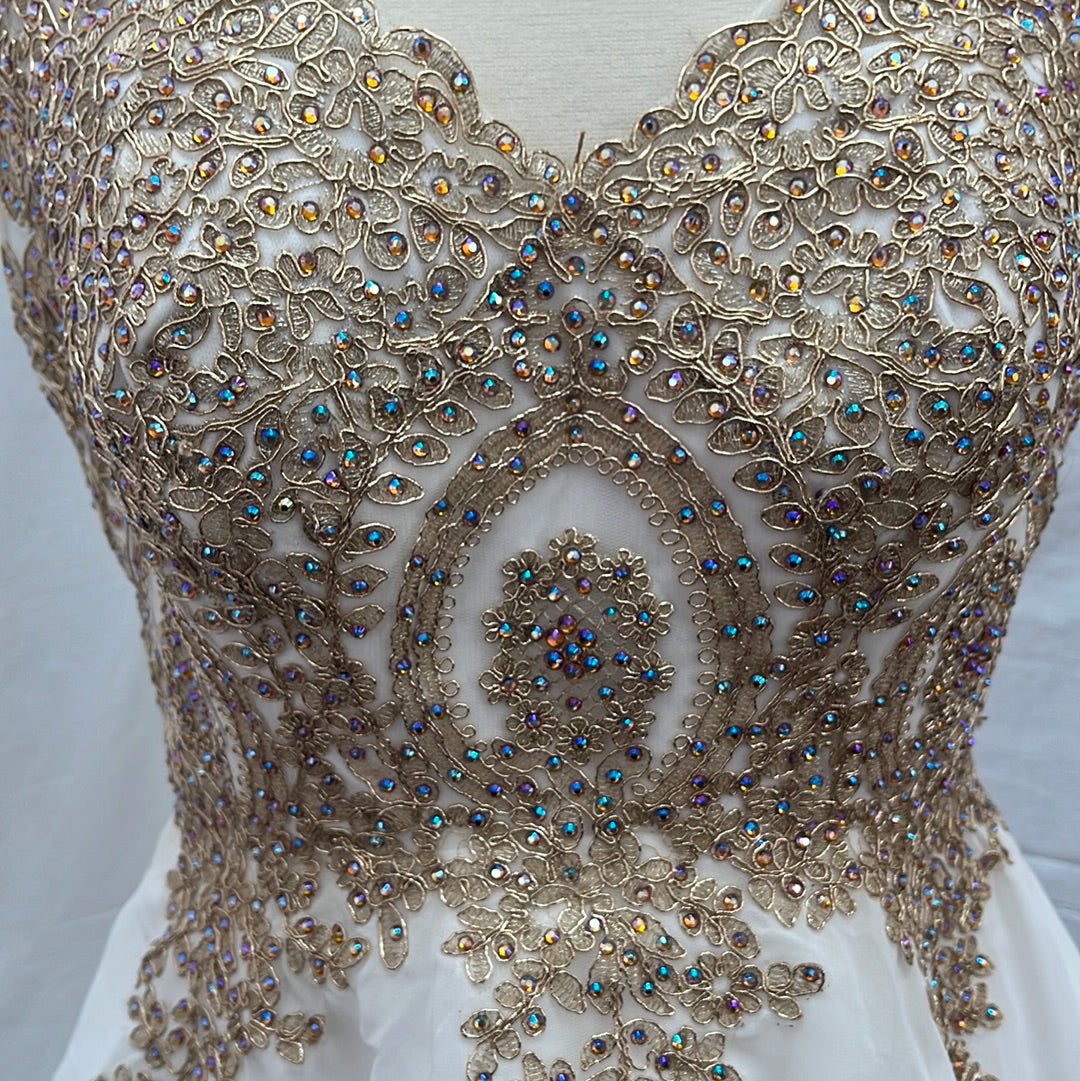 May Queen Couture White Formal Dress with Rhinestone Bodice -- Size 10