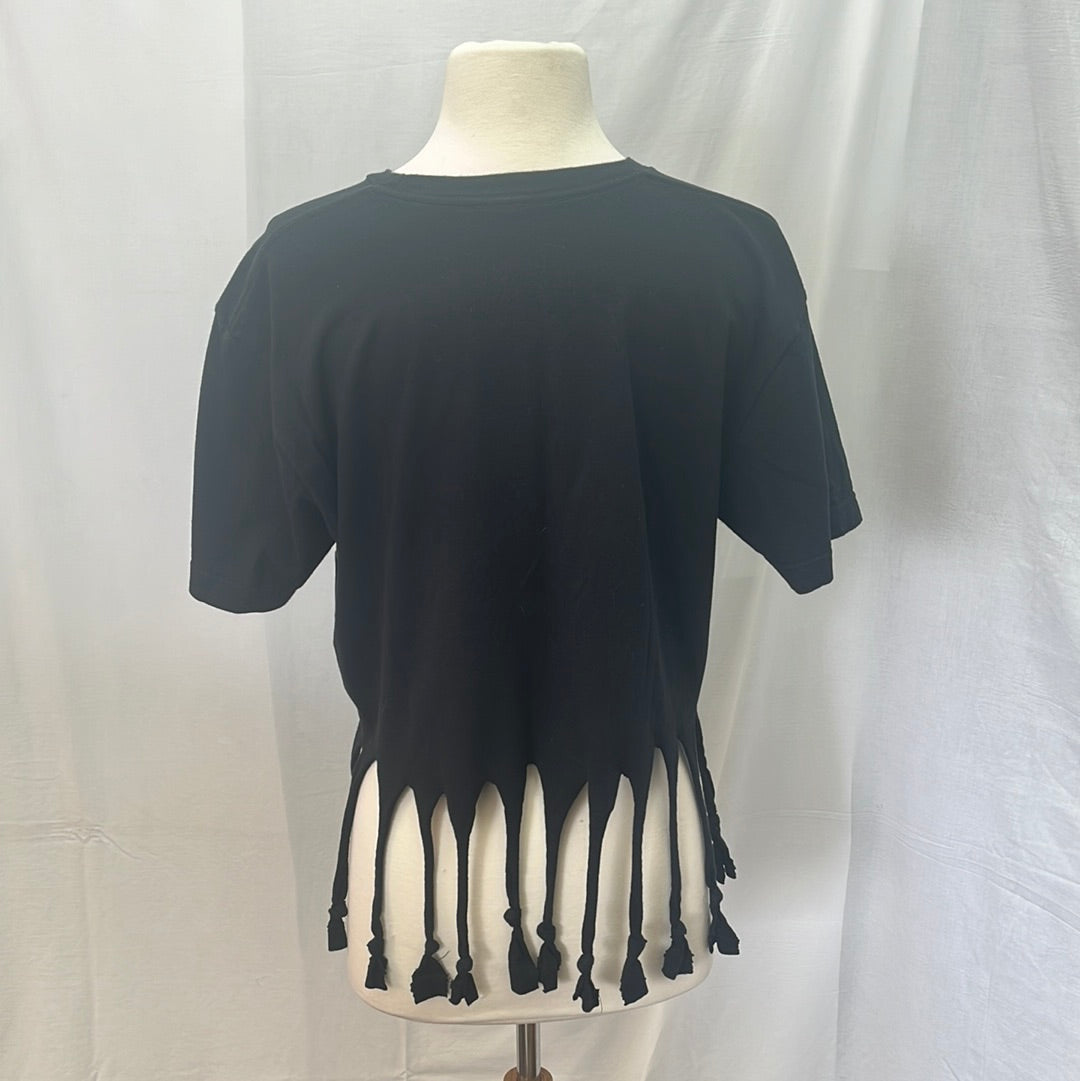 "End Rape" black white Tasseled Crop Top -- M/L