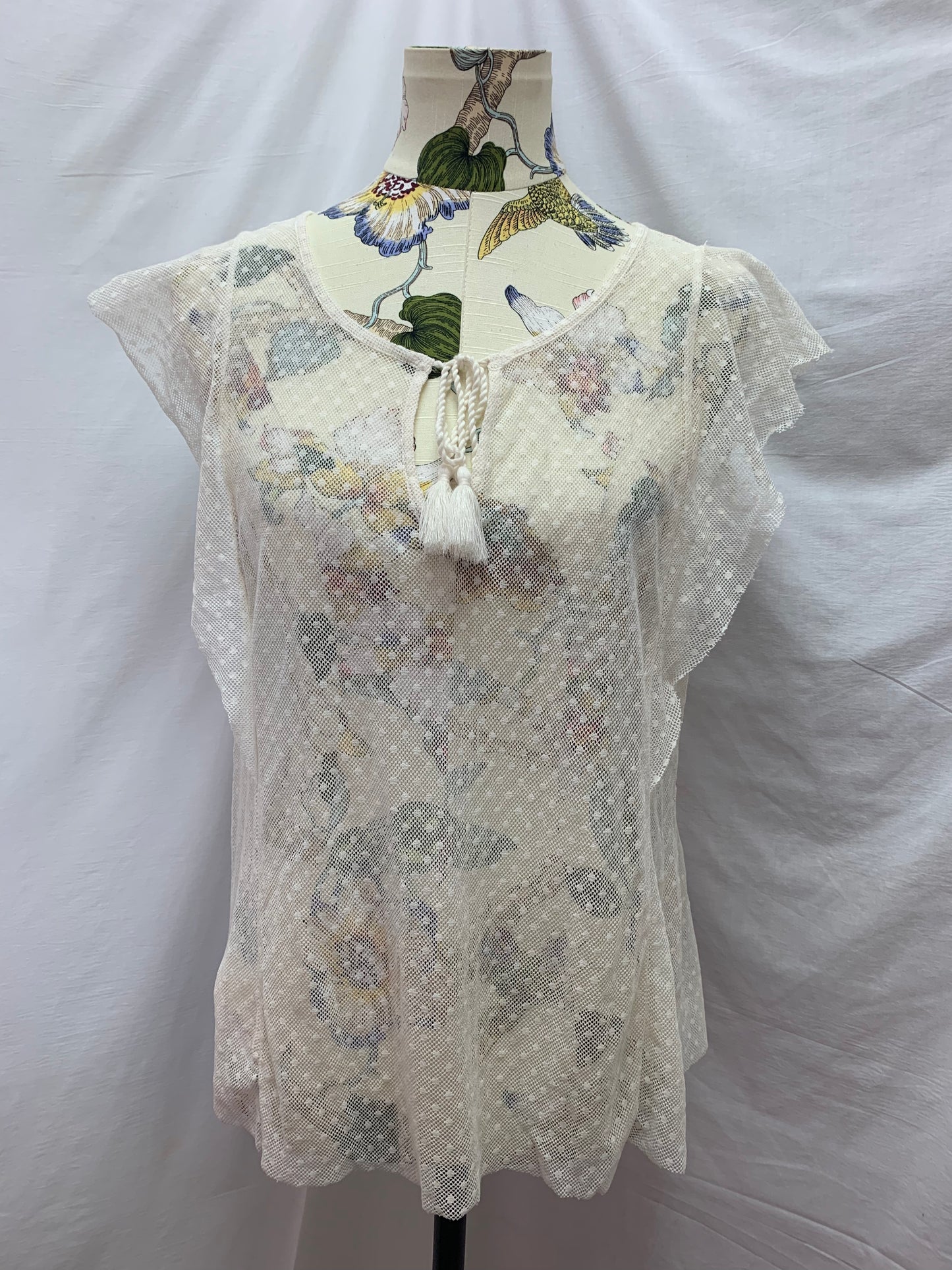 NWT - AERIE cream Sheer Net Dot Short Sleeve Shirt - Large