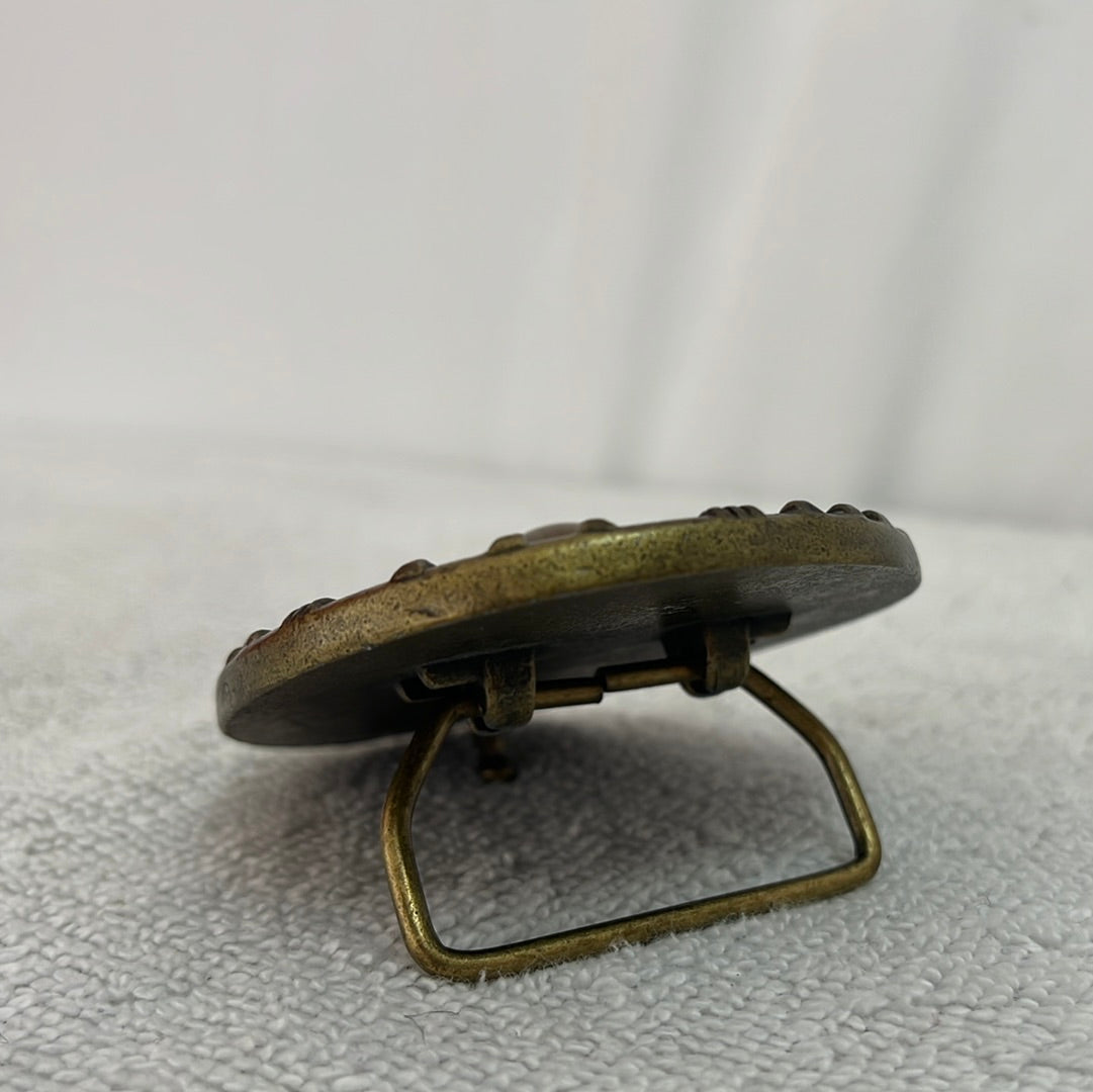 Brass Belt Buckle Inlaid with Polished Pebbles and Marbles