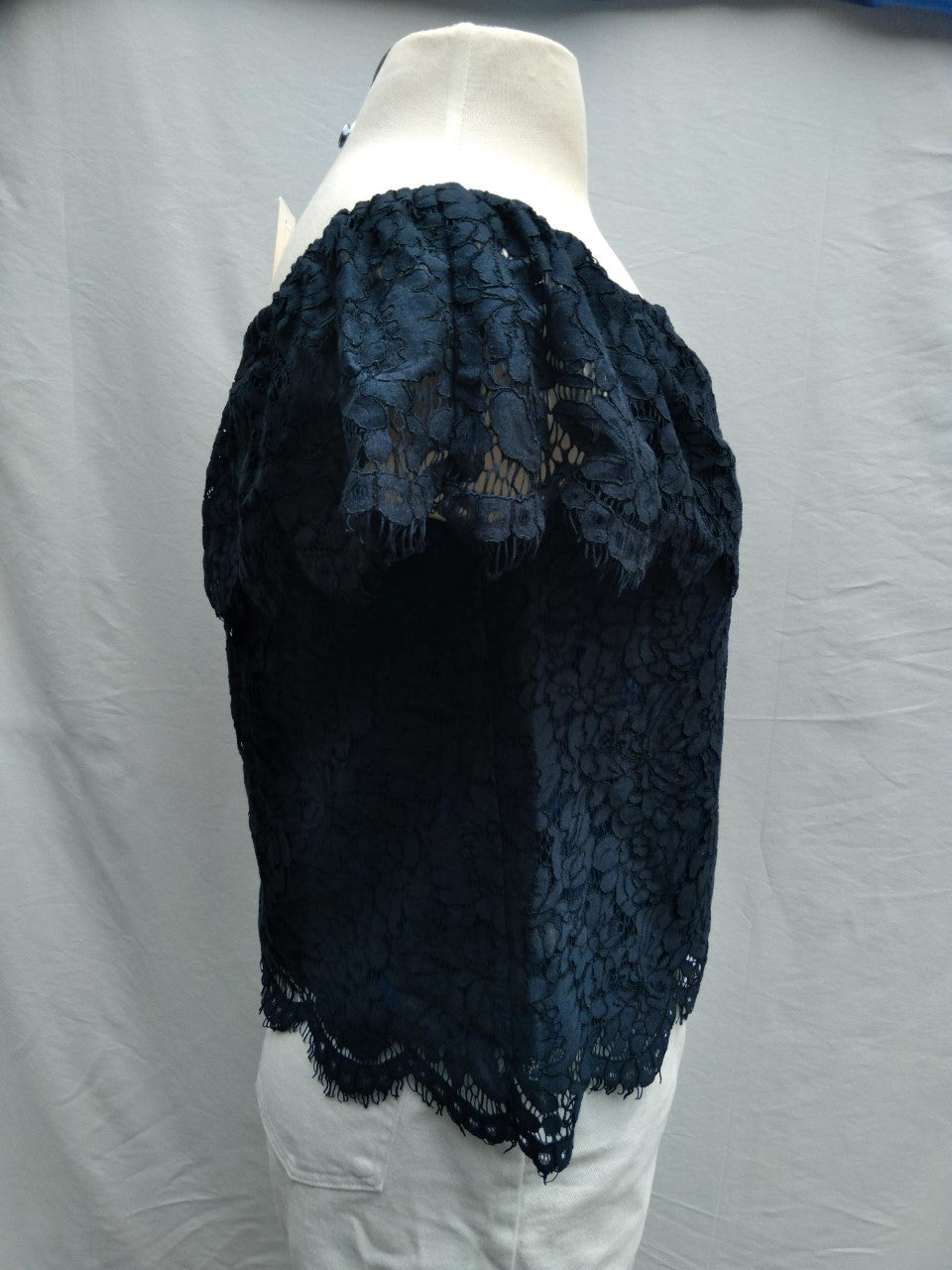 NWT - Olivia Grey navy Daily Look Ruffled Off Shoulder Lace Top - M