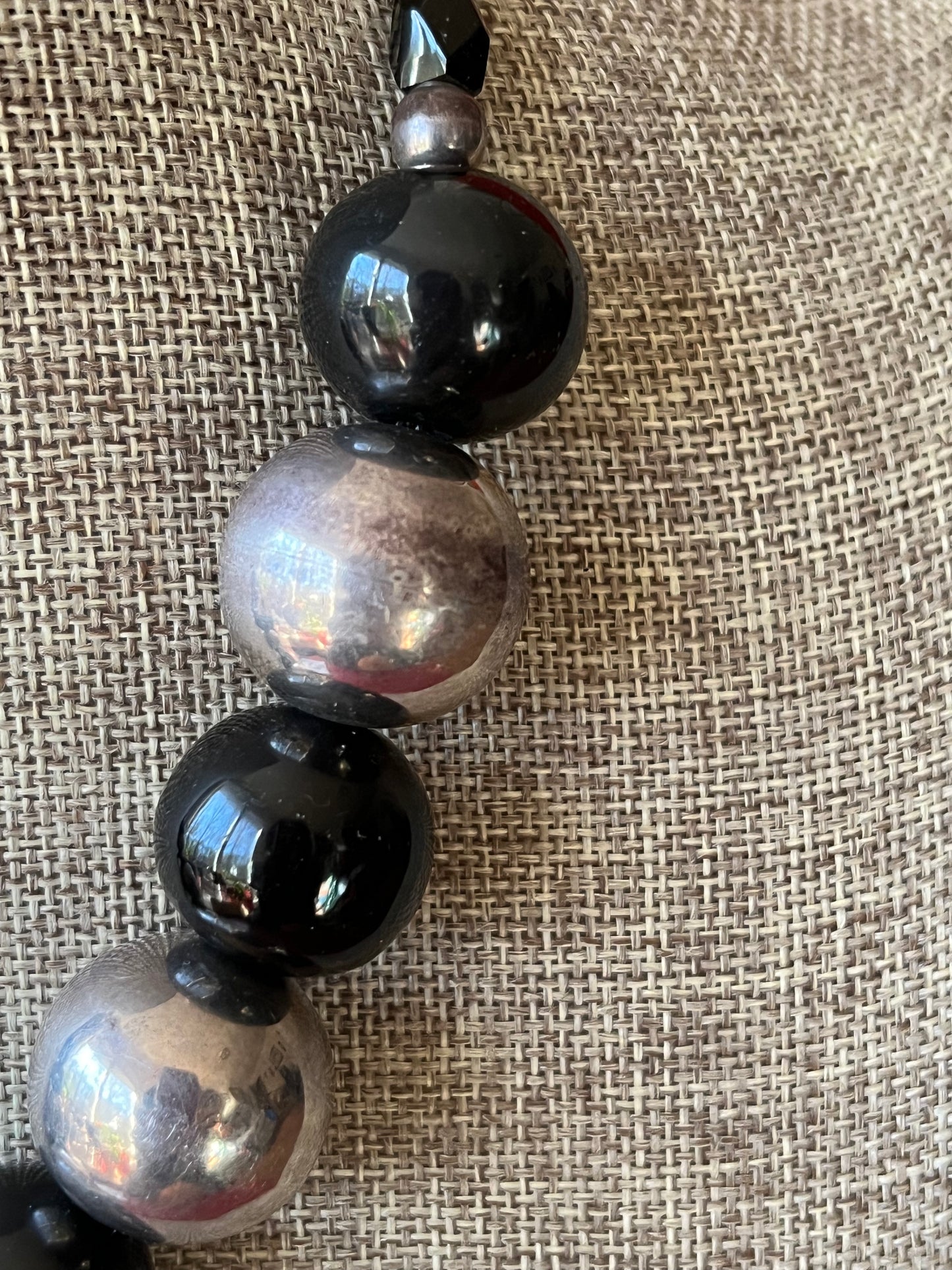 Vintage Alicia Mexico Sterling and Black Onyx Bead Necklace