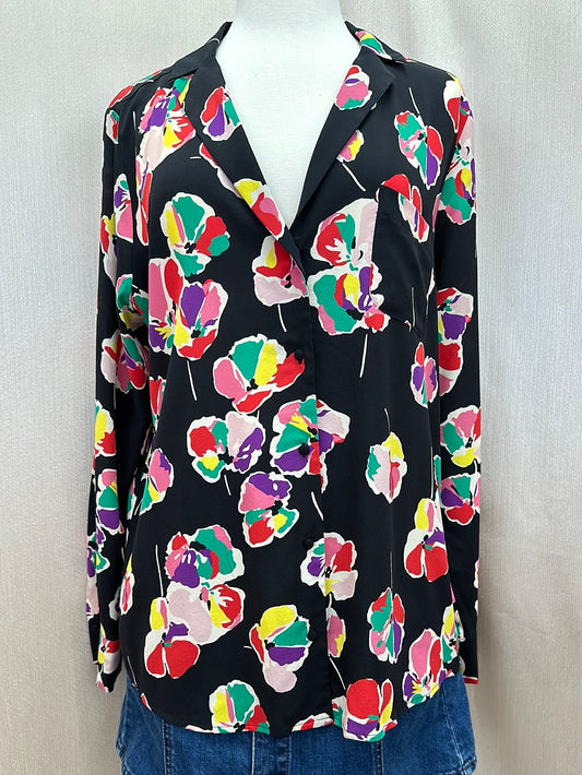 SEZANE black bright Floral 100% Silk Long Sleeve Florence Shirt - 44 | US 12