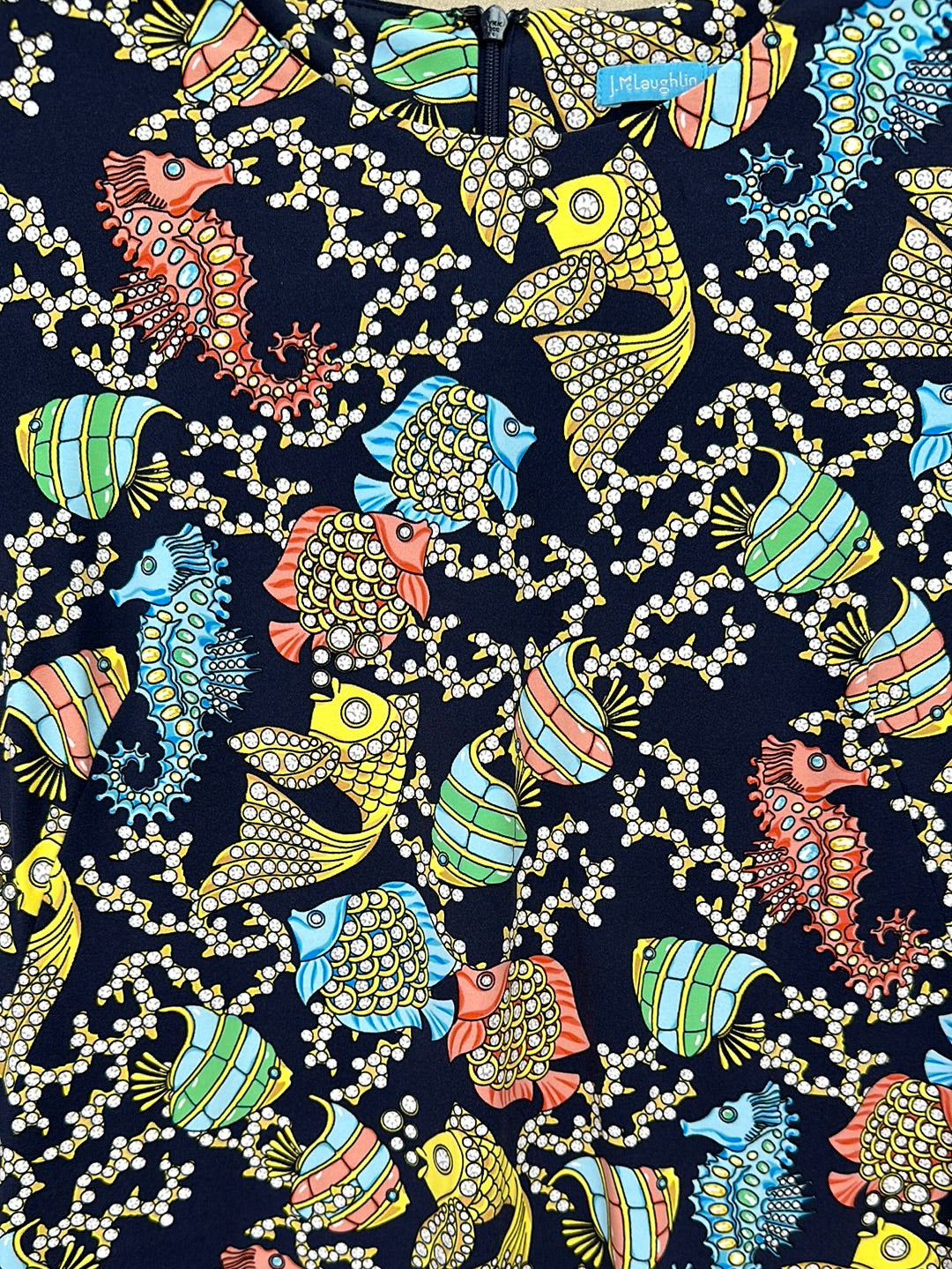 J. MCLAUGHLIN navy Fish Print Catalina Cloth 3/4 Sleeve Sophia Dress - S