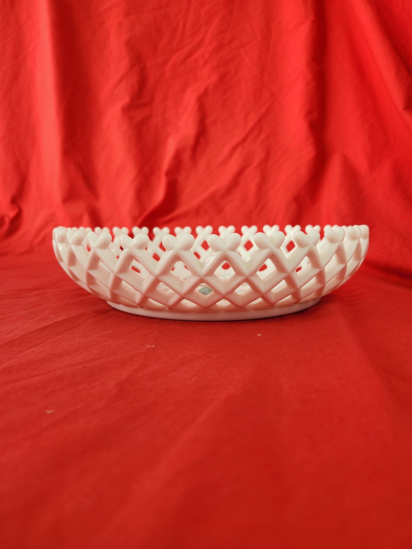 VTG - Milk Glass Floral Lattice Edge Bowl