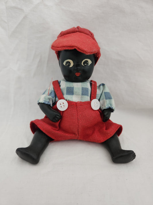 VTG - African-Americana Bisque Kewpie Doll w/Jointed limbs & Red Overalls, Red Hat