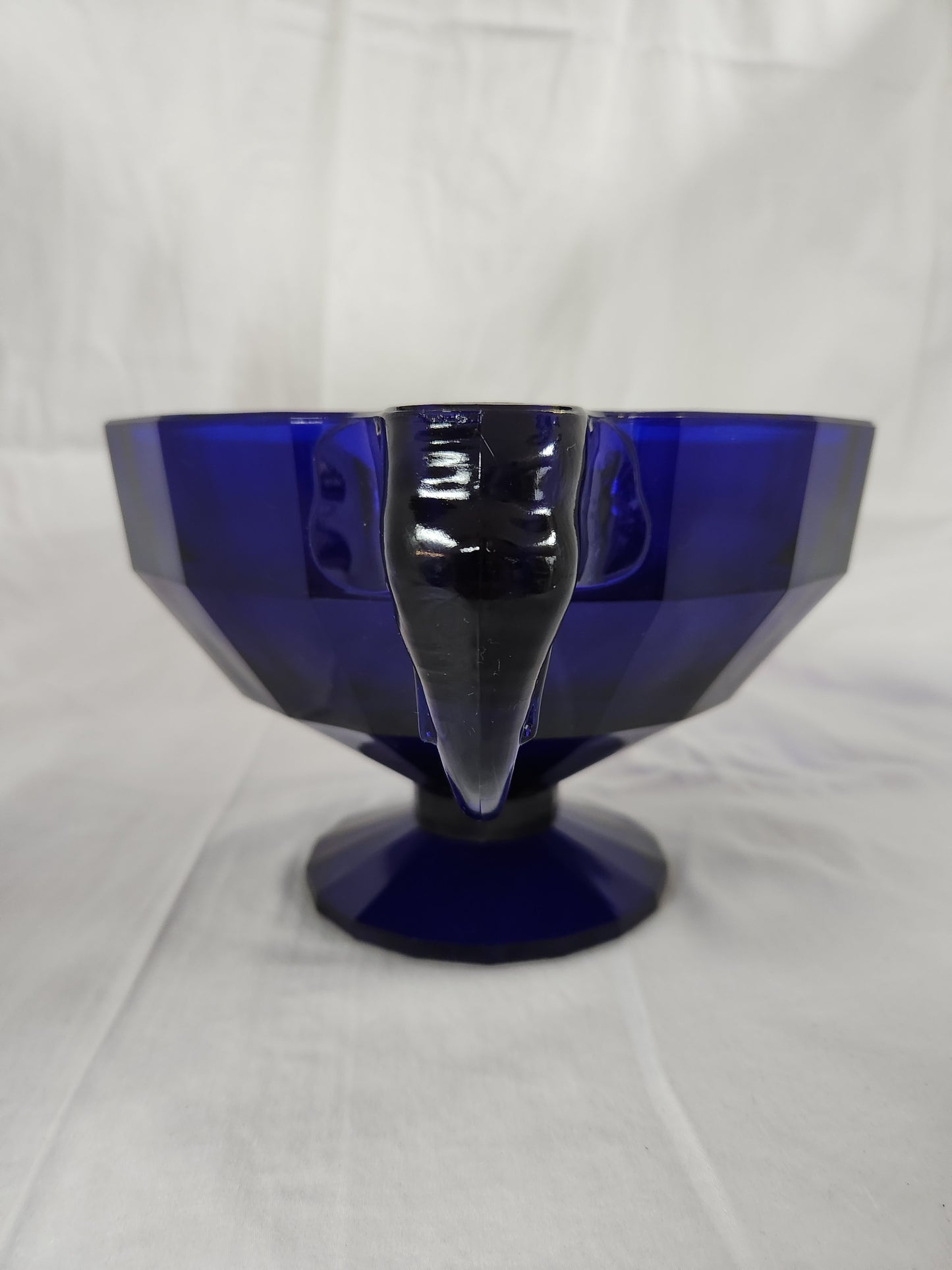 Cobalt Blue Glass Console Bowl w/ Elephant Head Candle Holder Handles