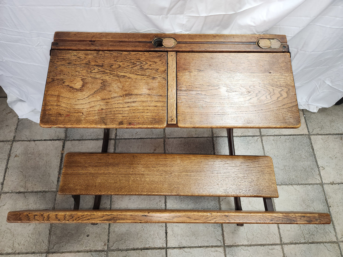 RARE/VTG Bromwich Duel Oak Desk w/Bench & Brass Ink Wells by KingFisher - LOCAL PICK-UP ONLY