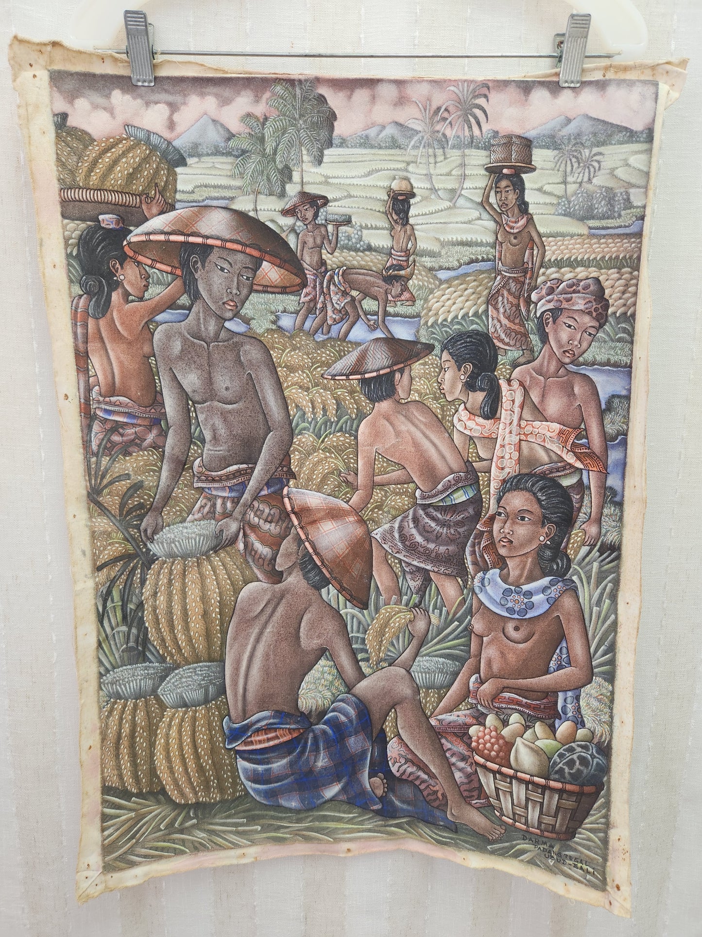 VTG - Darma - Padangtegal Ubud-Bali "Harvest Time" Watercolor on Fabric Painting - 17.5x25.5