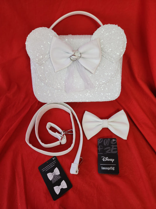 Disney Minnie Sequin White Wedding Crossbody Bag w/Extra Bow