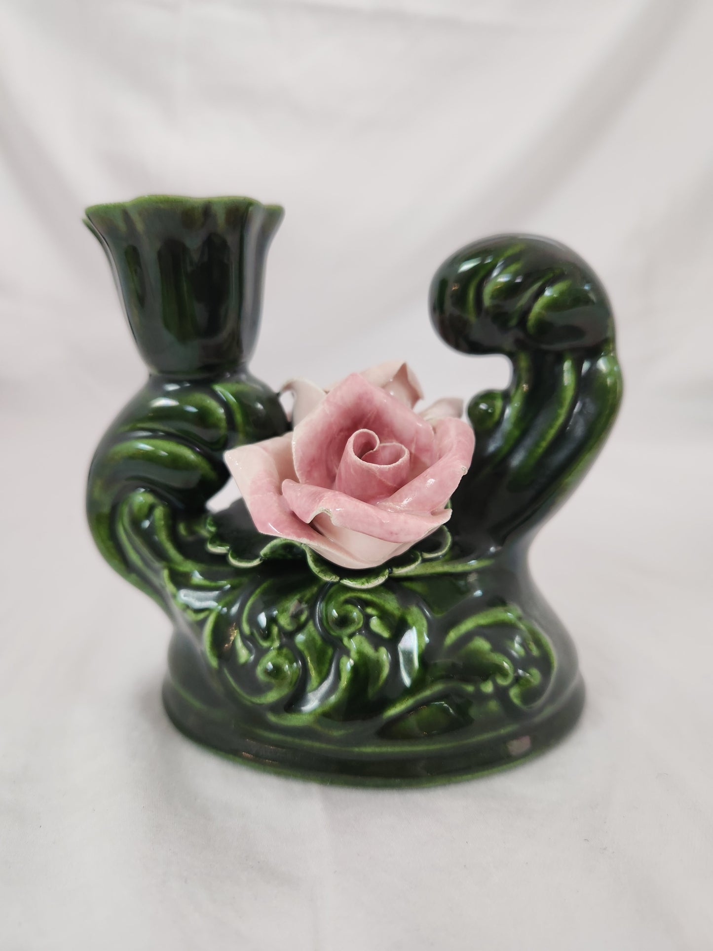 Green Ceramic Candle Holder w/Two Pink Capodimonte Style Roses