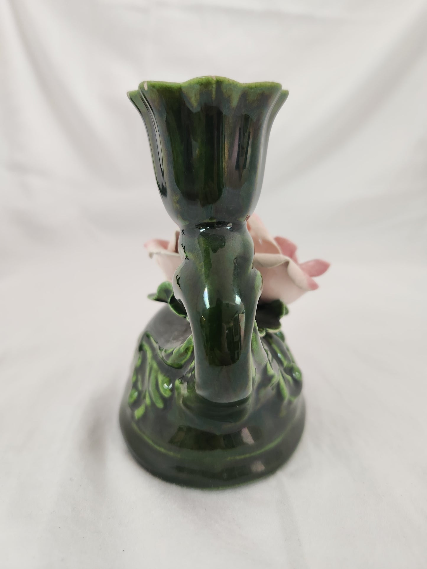 Green Ceramic Candle Holder w/Two Pink Capodimonte Style Roses