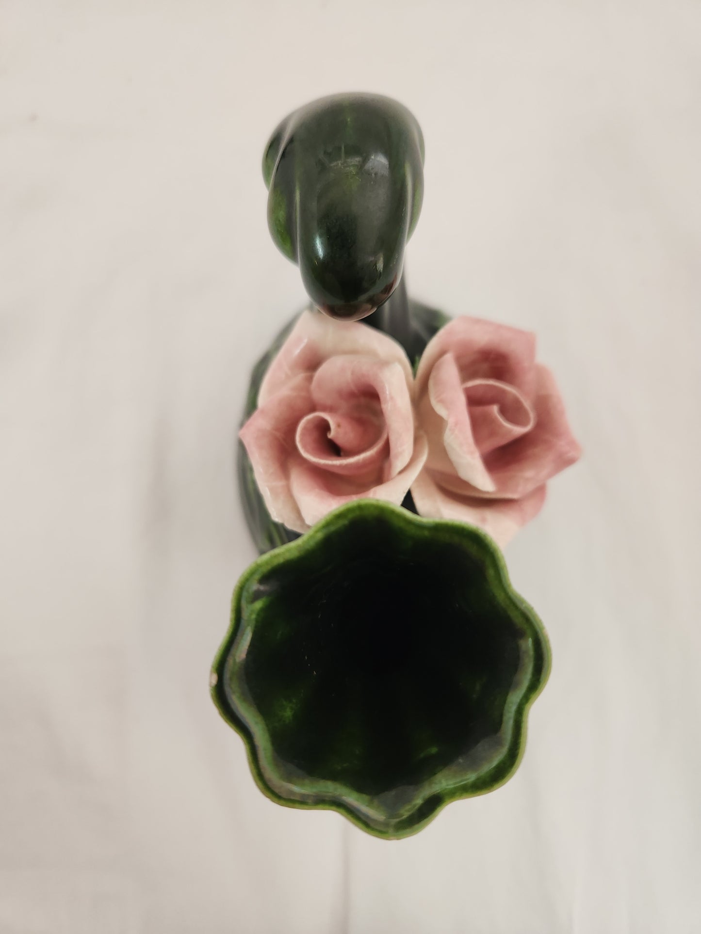 Green Ceramic Candle Holder w/Two Pink Capodimonte Style Roses