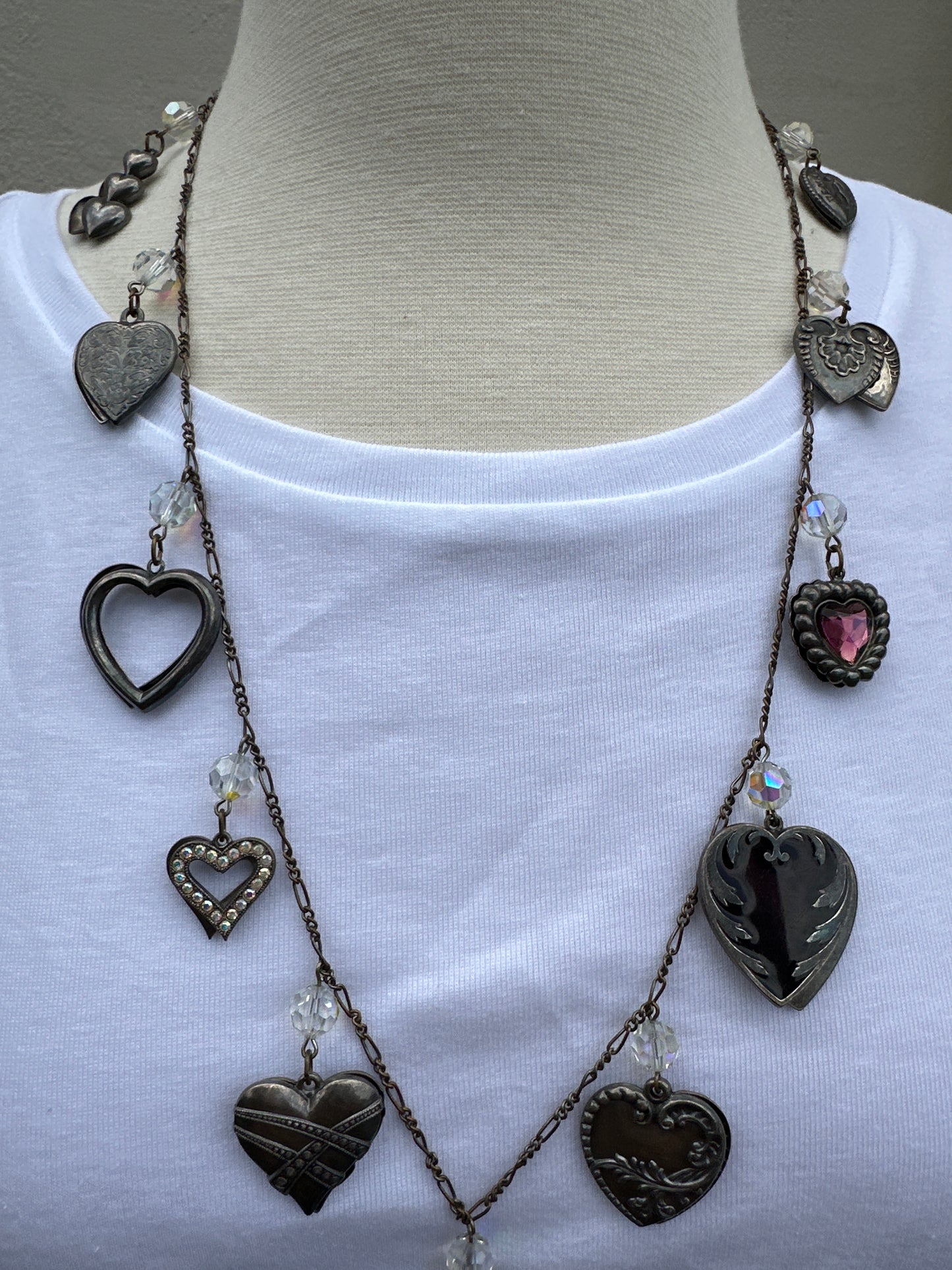 PIDIDDLY LINKS mixed metal rhinestone Beads Hearts Charm Necklace - 26"