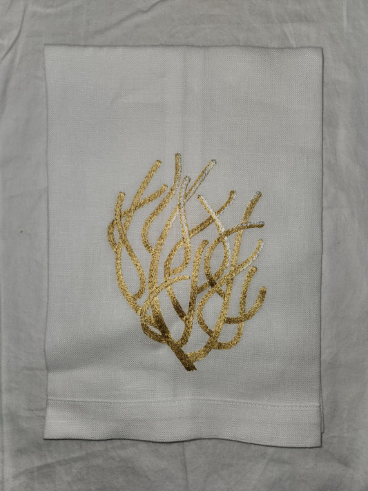 Anali White/Gold Coral Embroidered Linen Guest Towel
