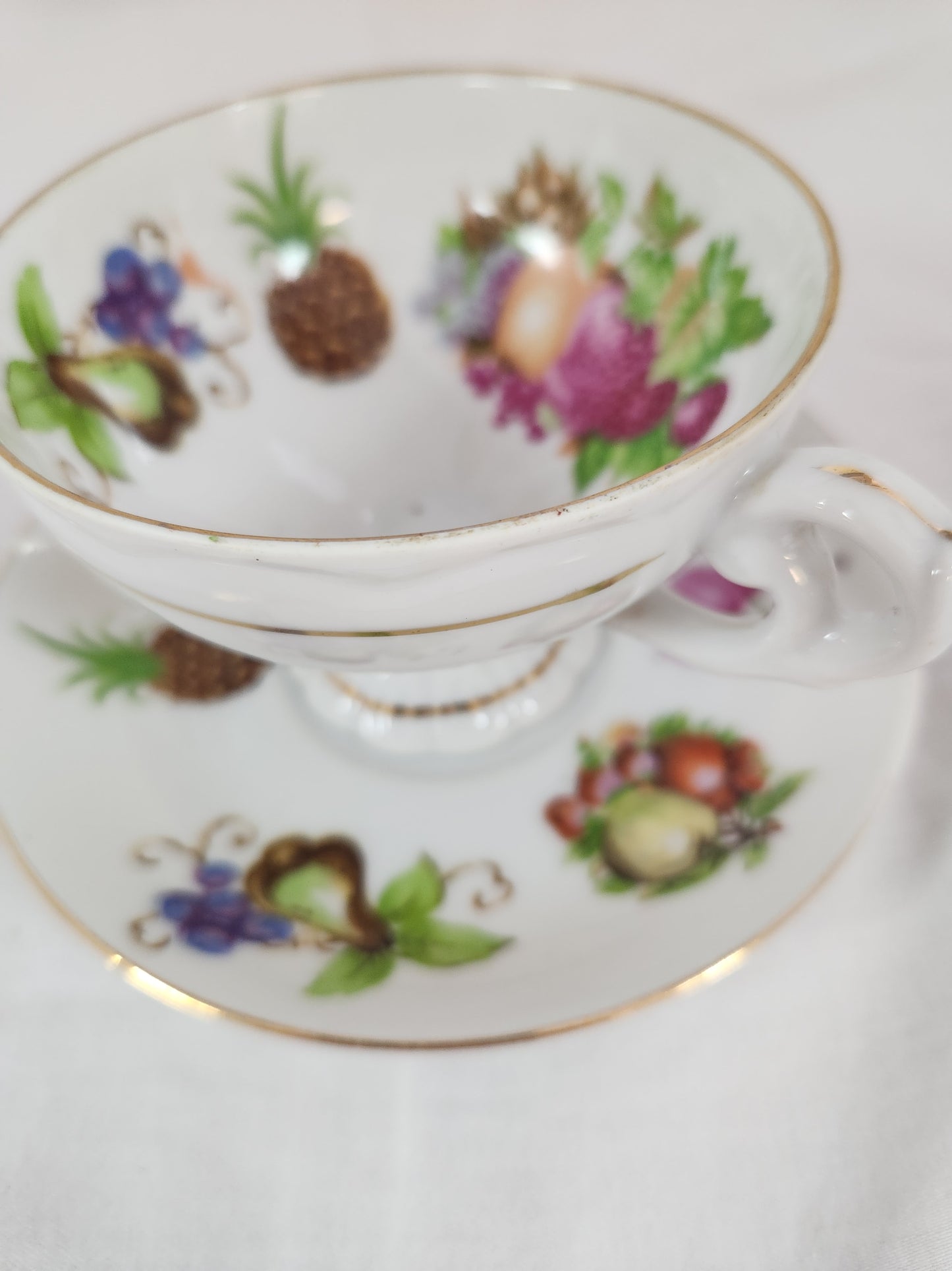 Fruit Motif Footed Tea Cup w/ Saucer made in Japan