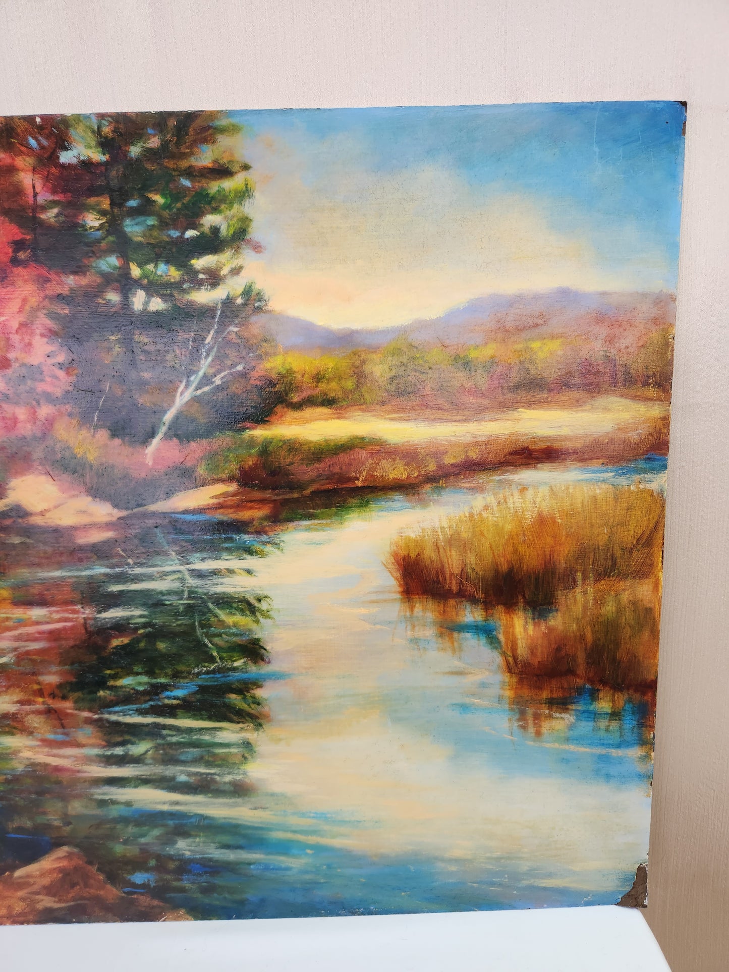 VTG - Karen Schmitz oil painting on hardboard "October Reflections" (slight damage)
