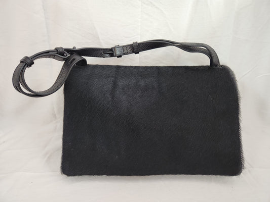 Kara Black Pebbled Leather Messenger Bag w/Faux Fur Flap