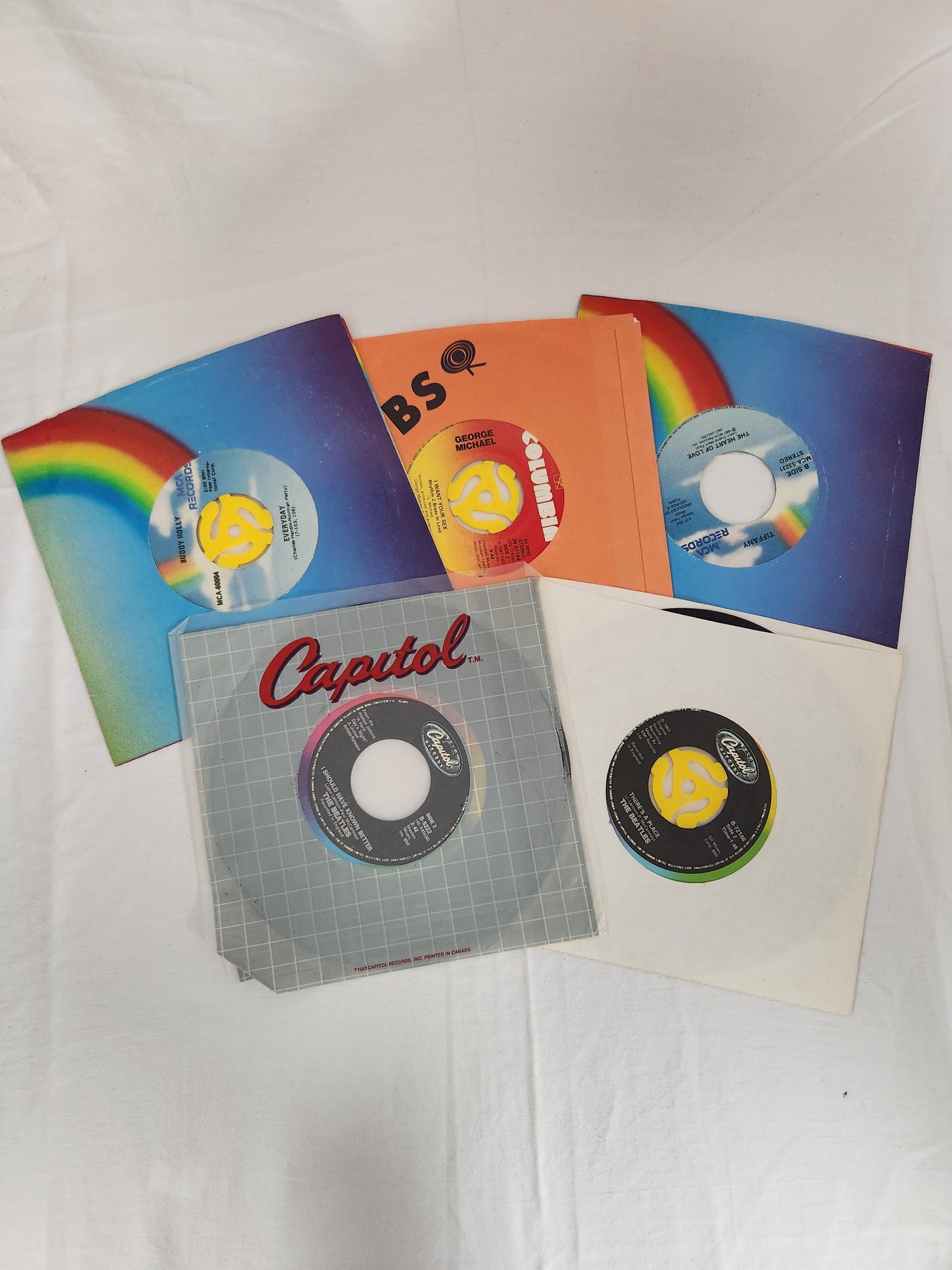 Lot of 5 Classic 45 RPM Records: Beatles, Buddy Holly, George Michael & Tiffany
