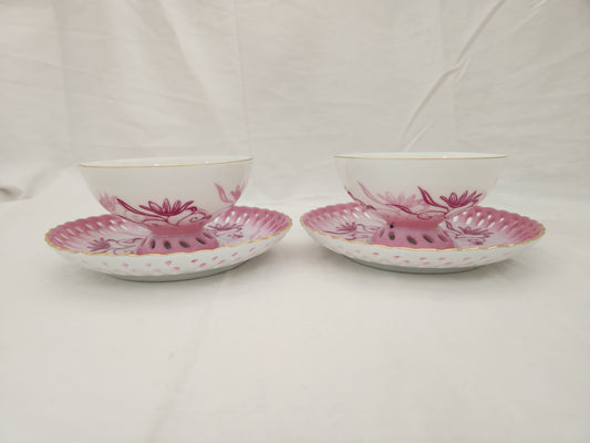 RARE - "Mano" Pink Floral Footed Tea Cup & Open Edge Saucer made in Occupied Japan - Set of 2