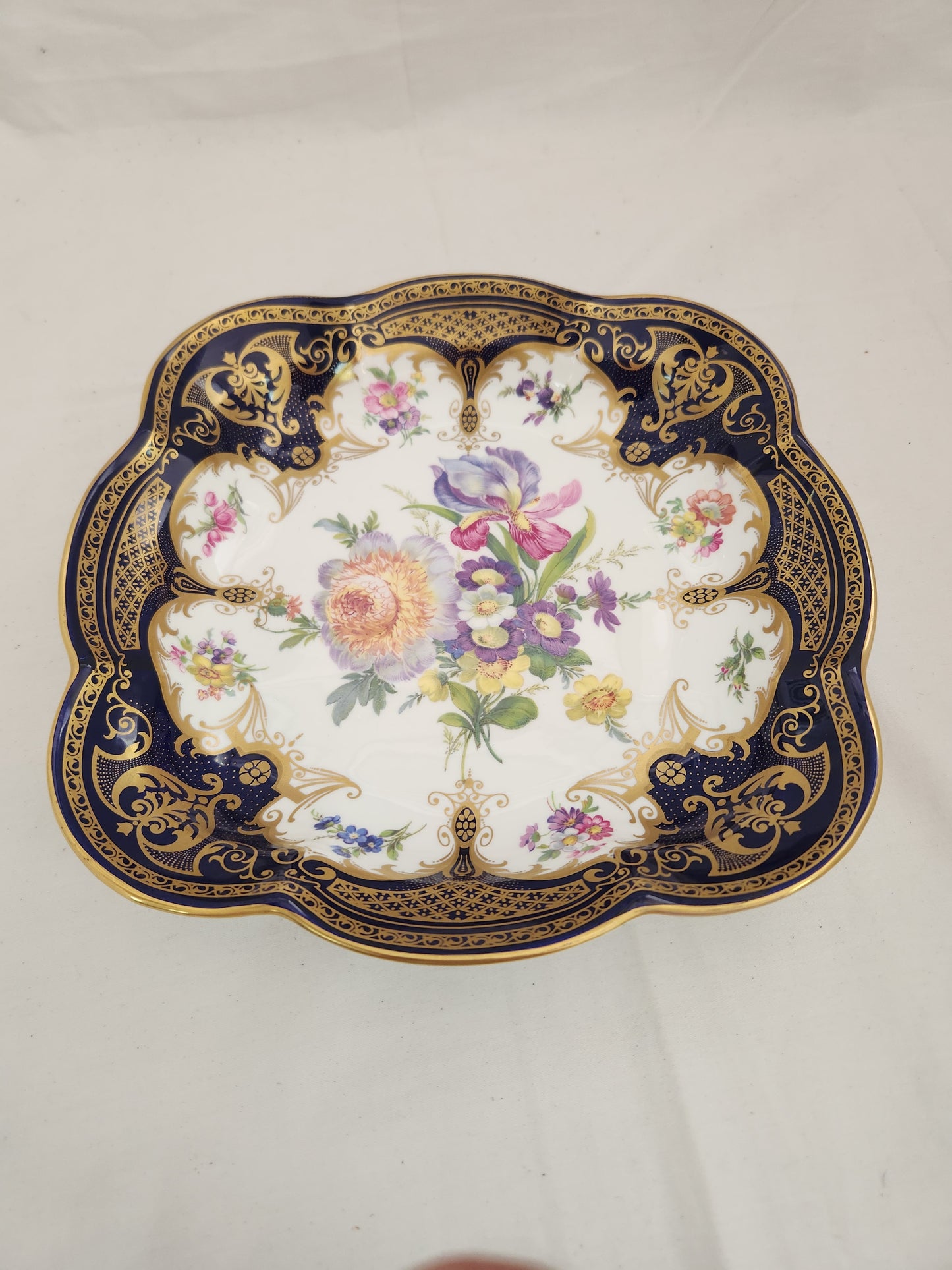 Elizabethan Staffordshire Cobalt Blue & Gold Floral Hand Decorated Square Serving Bowl