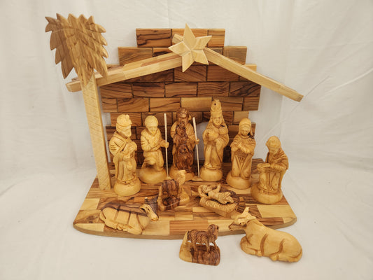 Hand Carved 13-Piece Olive Wood Nativity Scene