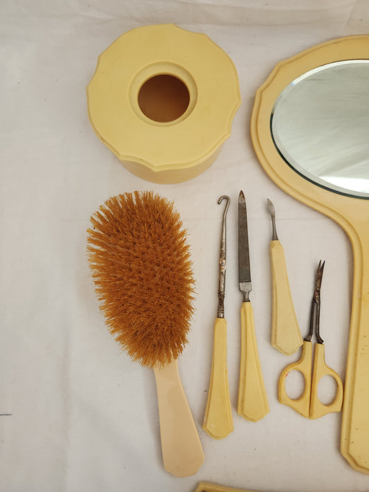 13-Piece Vintage Yellow Celluloid Vanity Set