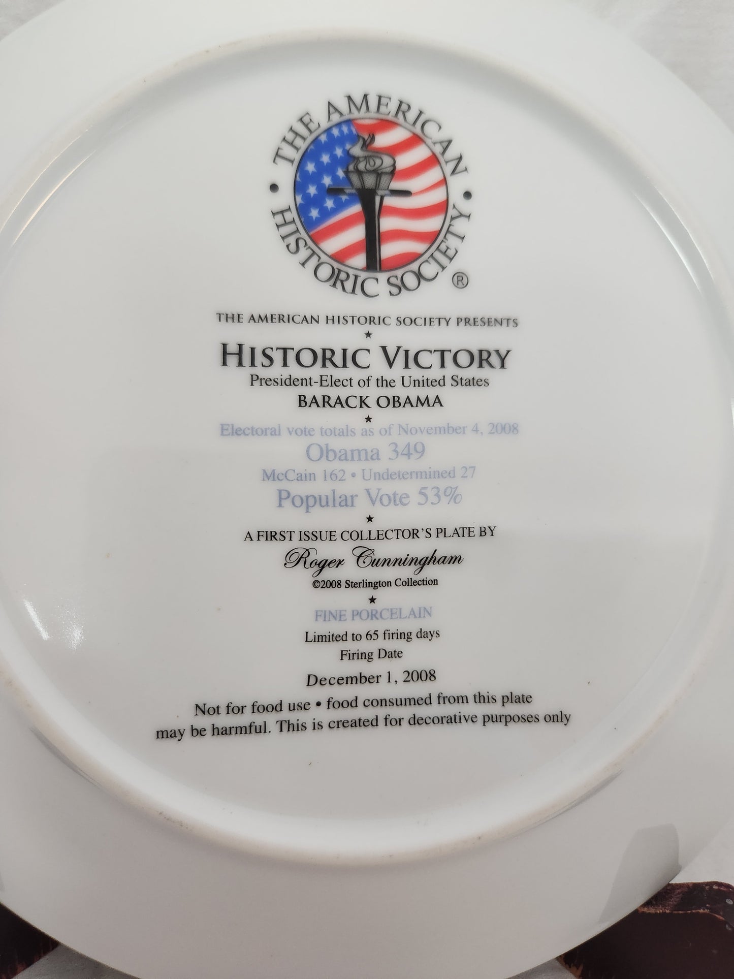 Barack Obama "Change Has Come" Election Day November 4, 2008 Decorative Plate