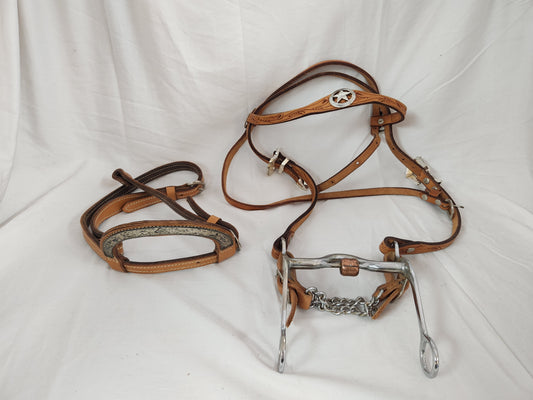 Western Style Horse Bridle w/Copper Roller Bit & One Ear Silverplate Headstall