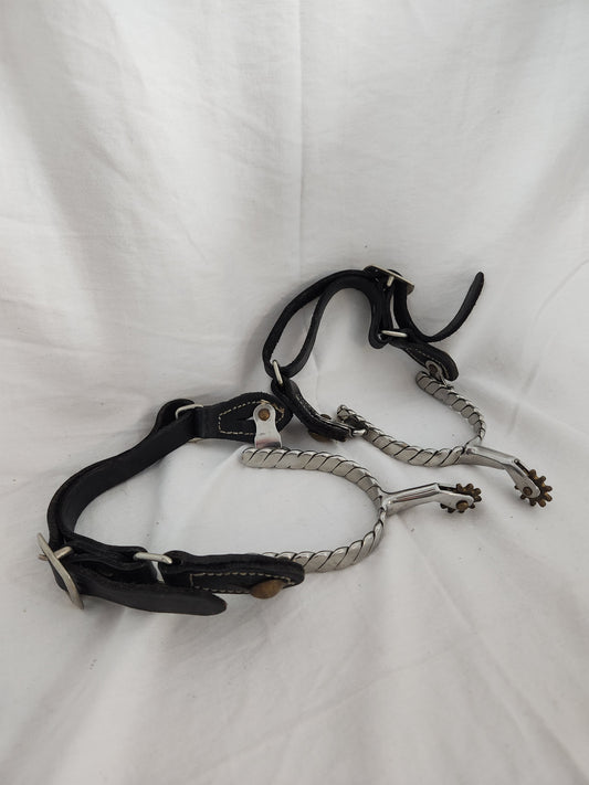 Twisted Band Western Spurs w/Leather Straps - Inside: 2-3/4" x 3"